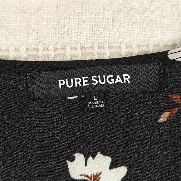 Pure Sugar Black Floral V‑Neck Tie‑Waist Top Size L NEW - Picture 6 of 8